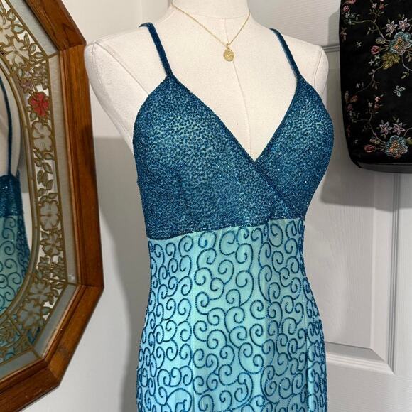 VTG Y2K Andretta Donatello Turquoise Blue Silk Beaded Swirly Formal Prom Dress - Picture 2 of 8